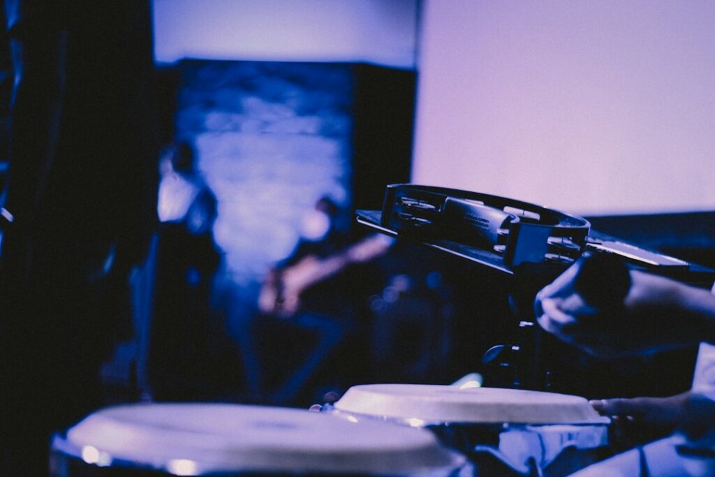Percussion instruments in a music setting, representing the breakbeat lineage in the Apache article
